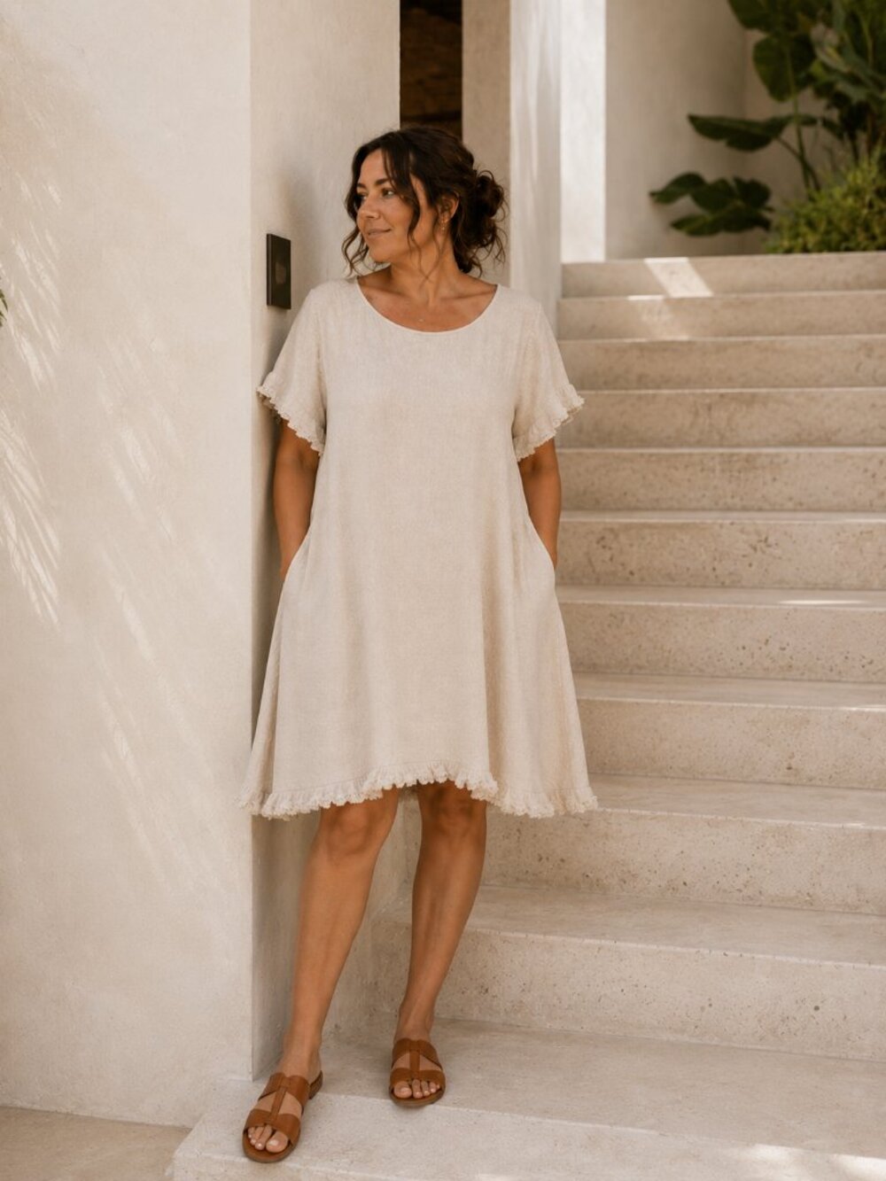 Umgee Textured Linen Cotton Dress Cream Size M-L